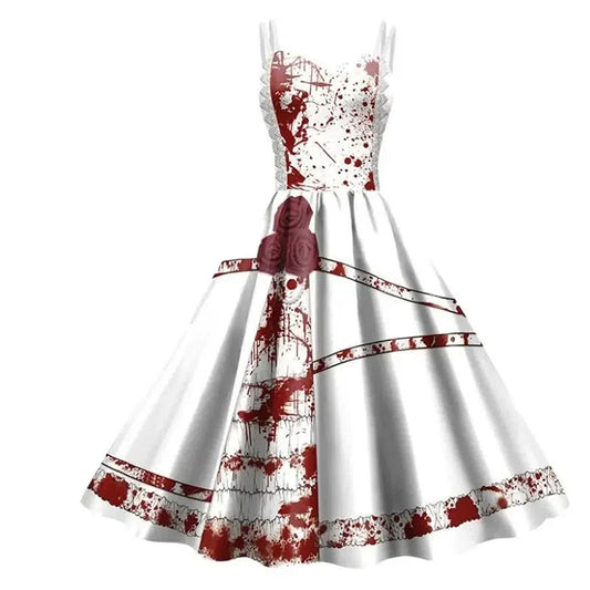 Women's gothic devil cosplay costume featuring a blood-splattered white dress with detailed design