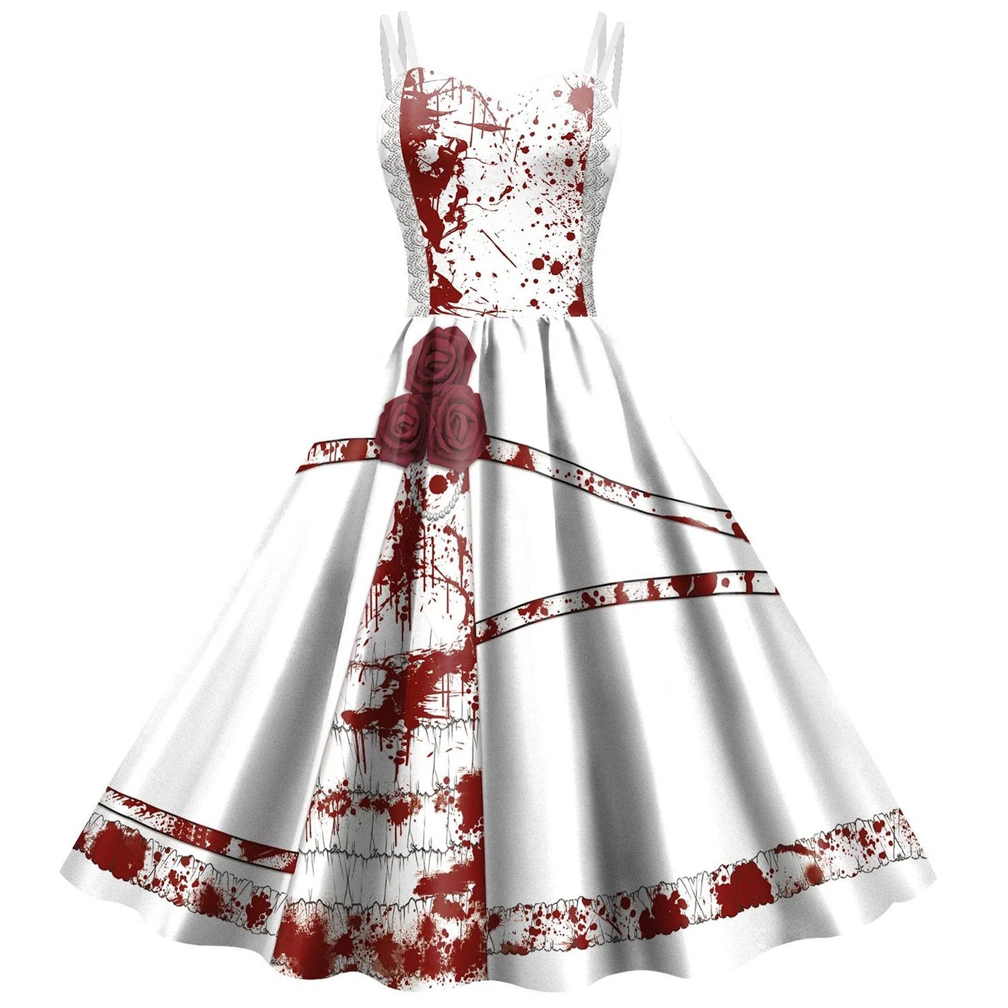 Women's gothic devil cosplay costume featuring a blood-splattered white dress with red accents