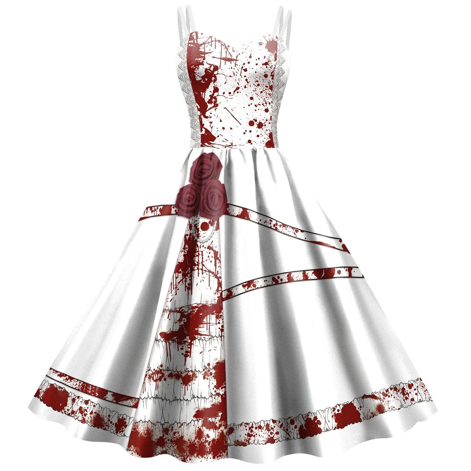 Women's gothic devil cosplay costume featuring a blood-splattered white dress with red accents