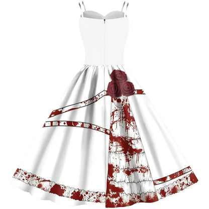 Women's gothic devil cosplay costume features a blood-splattered white dress with red rose accents