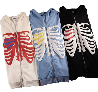 LuckeLadybug women's gothic zip up hoodie featuring unique rib design in white, blue, and black