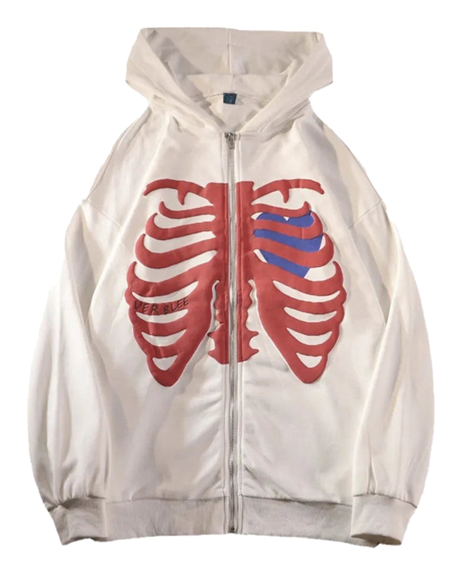 LuckeLadybug women's gothic zip up hoodie featuring a ribcage design in red and blue on a white background