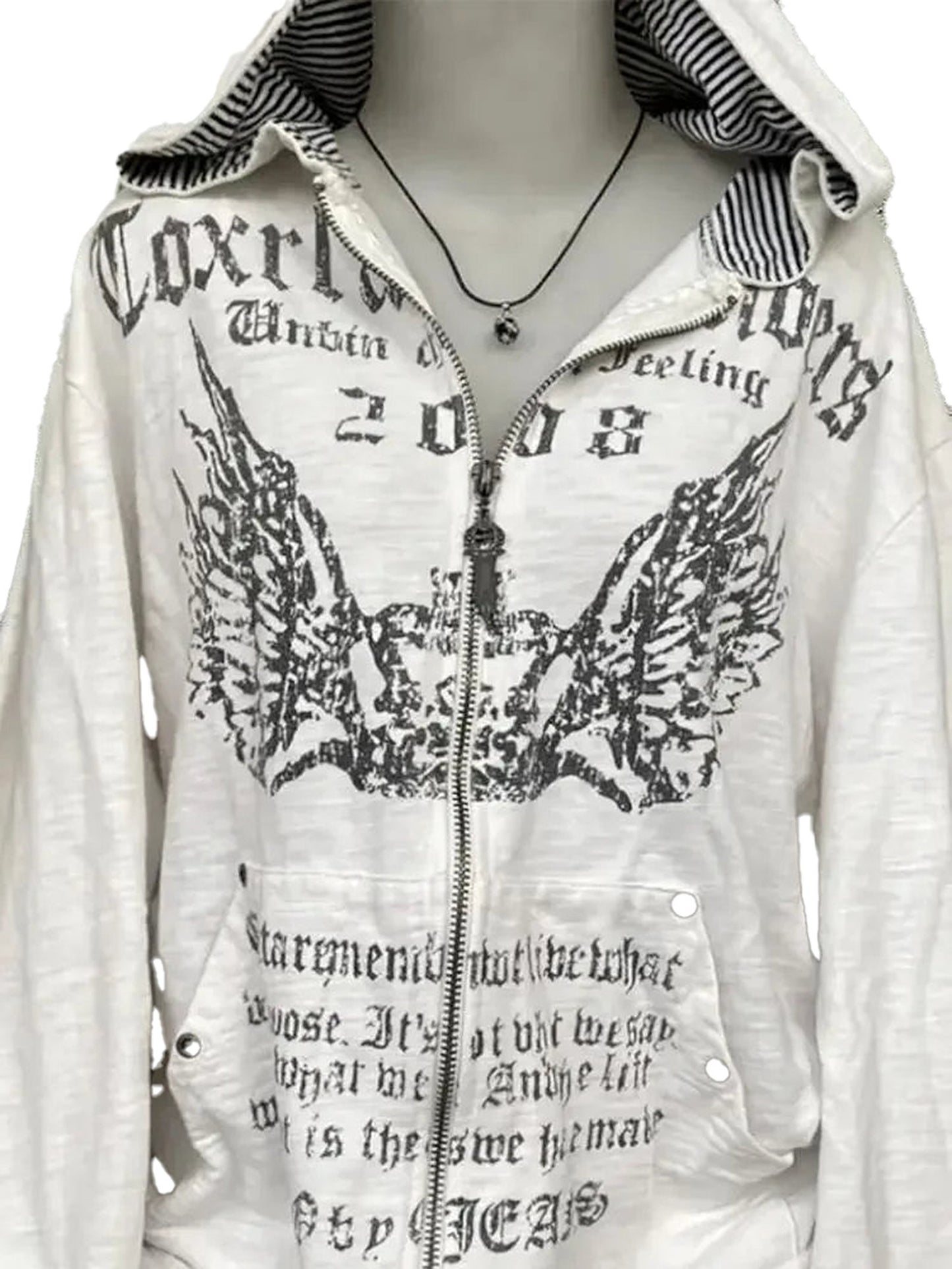 LuckeLadybug women's grunge zip up hoodie in white with unique graphic and striped hood design