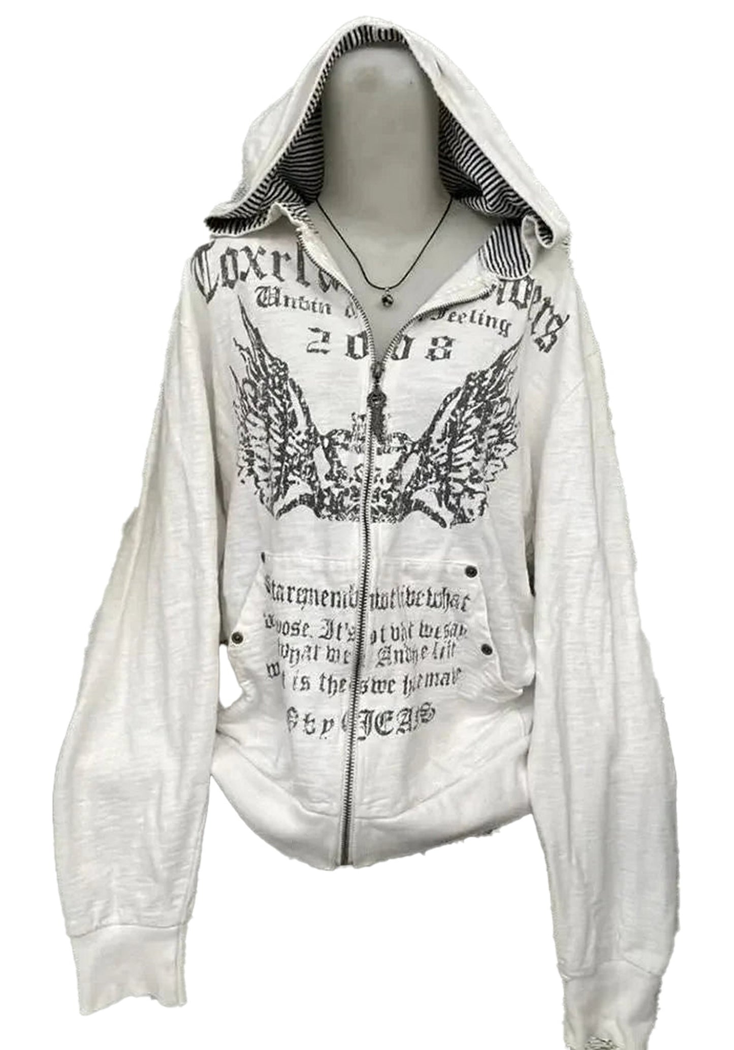 Women's grunge zip up hoodie in white with graphic design and casual style for everyday wear