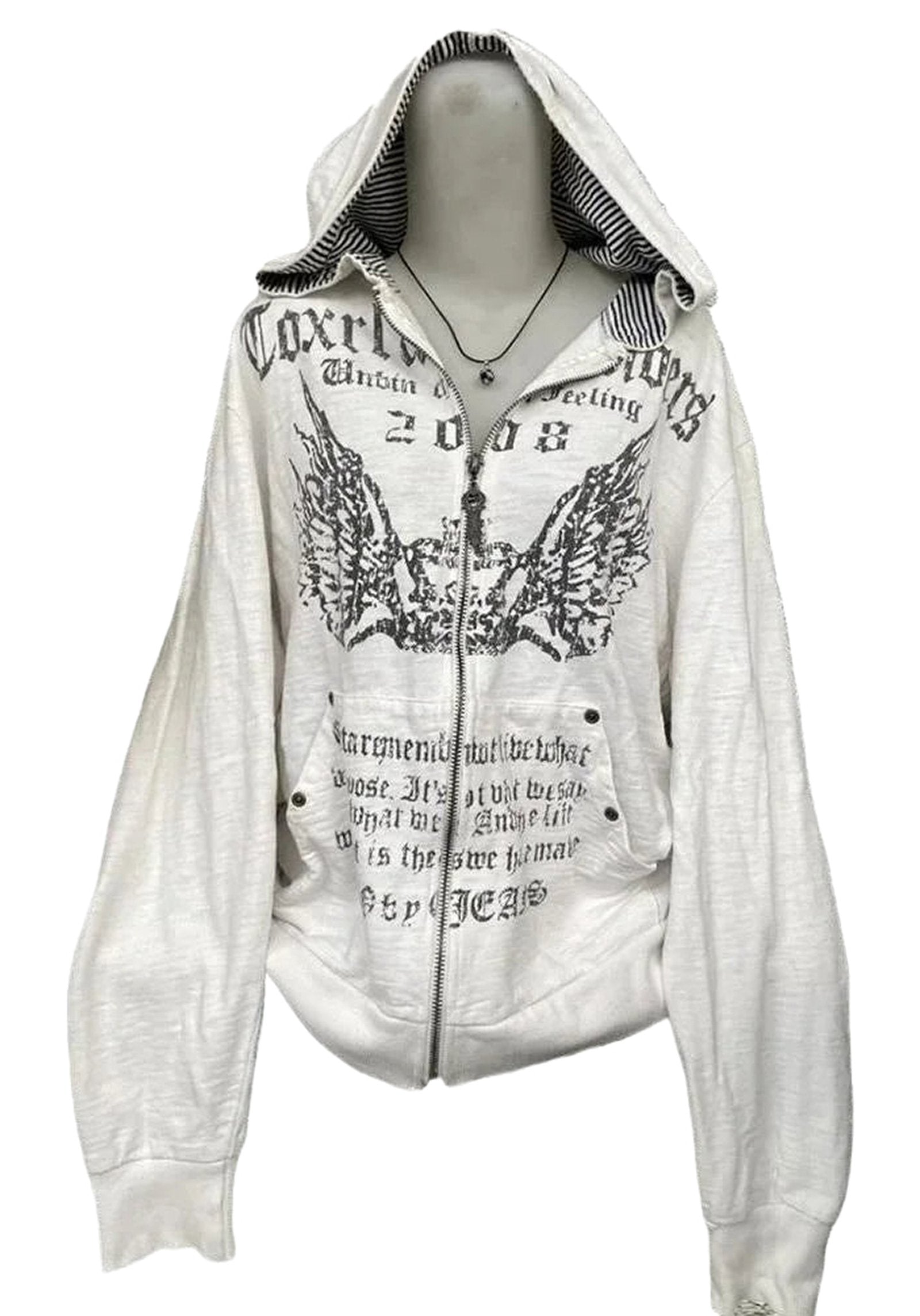 LuckeLadybug LLC women's grunge zip up hoodie in white with graphic design and hood for casual style