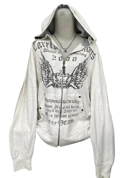 LuckeLadybug LLC women's grunge zip up hoodie in white with graphic design and hood for casual style
