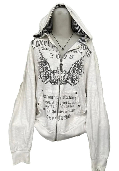 Women's grunge zip up hoodie in light color with bold graphic print and unique wing design