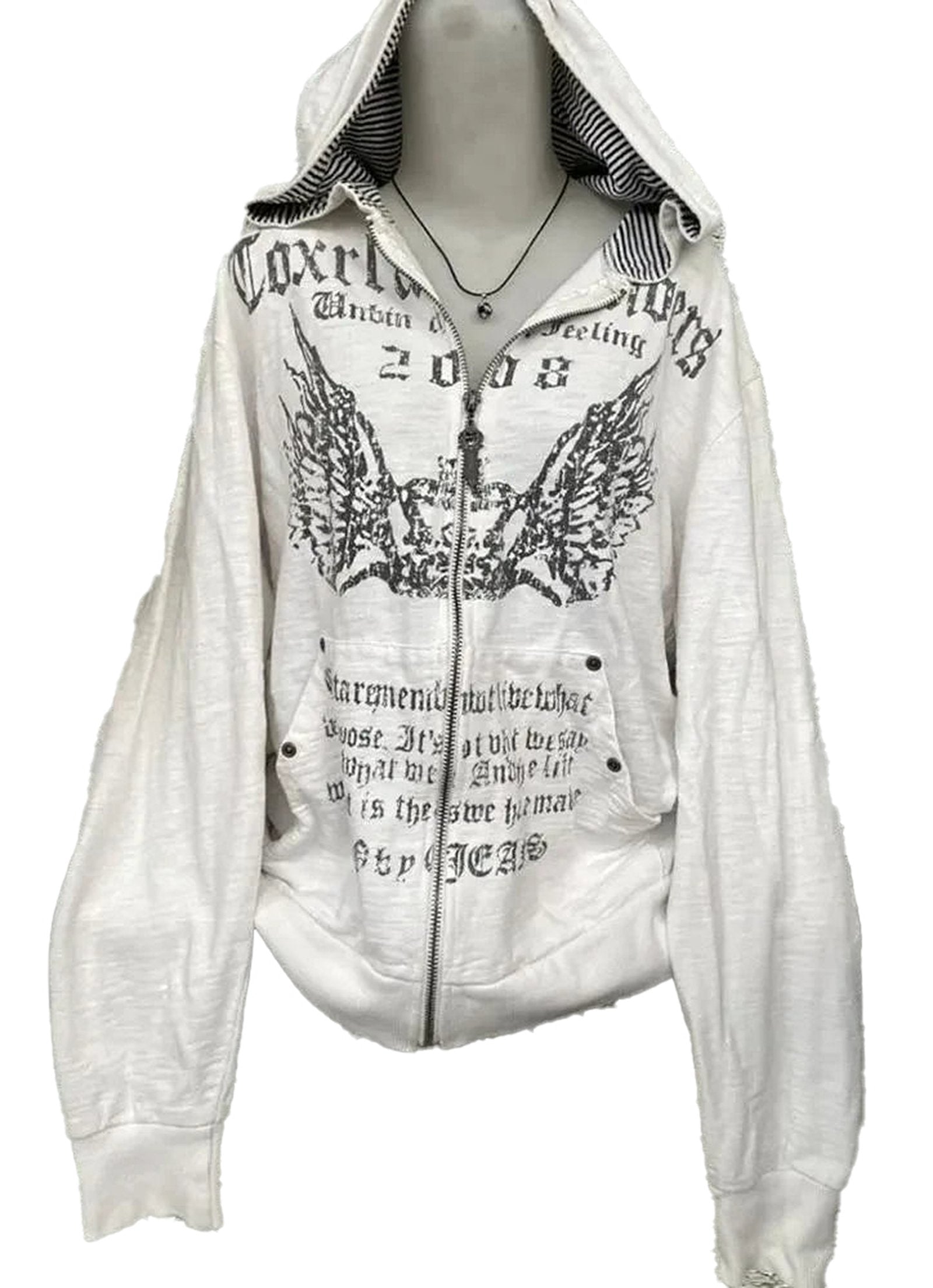 LuckeLadybug women's grunge zip up hoodie in white with unique graphic print and striped lining