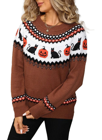 Women's Halloween sweater in brown with cat and pumpkin designs, perfect for festive celebrations