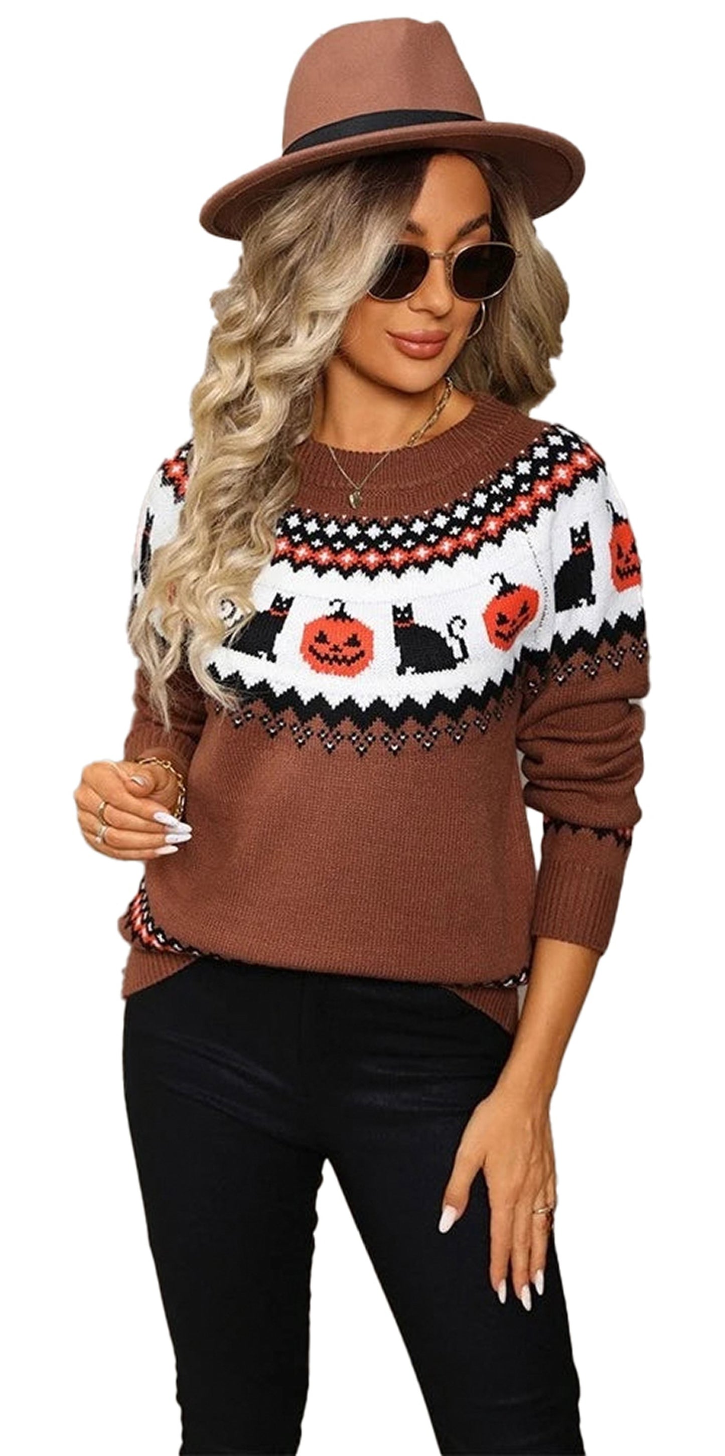 Cozy women's Halloween sweater in brown with cute cats and pumpkin designs for festive autumn style