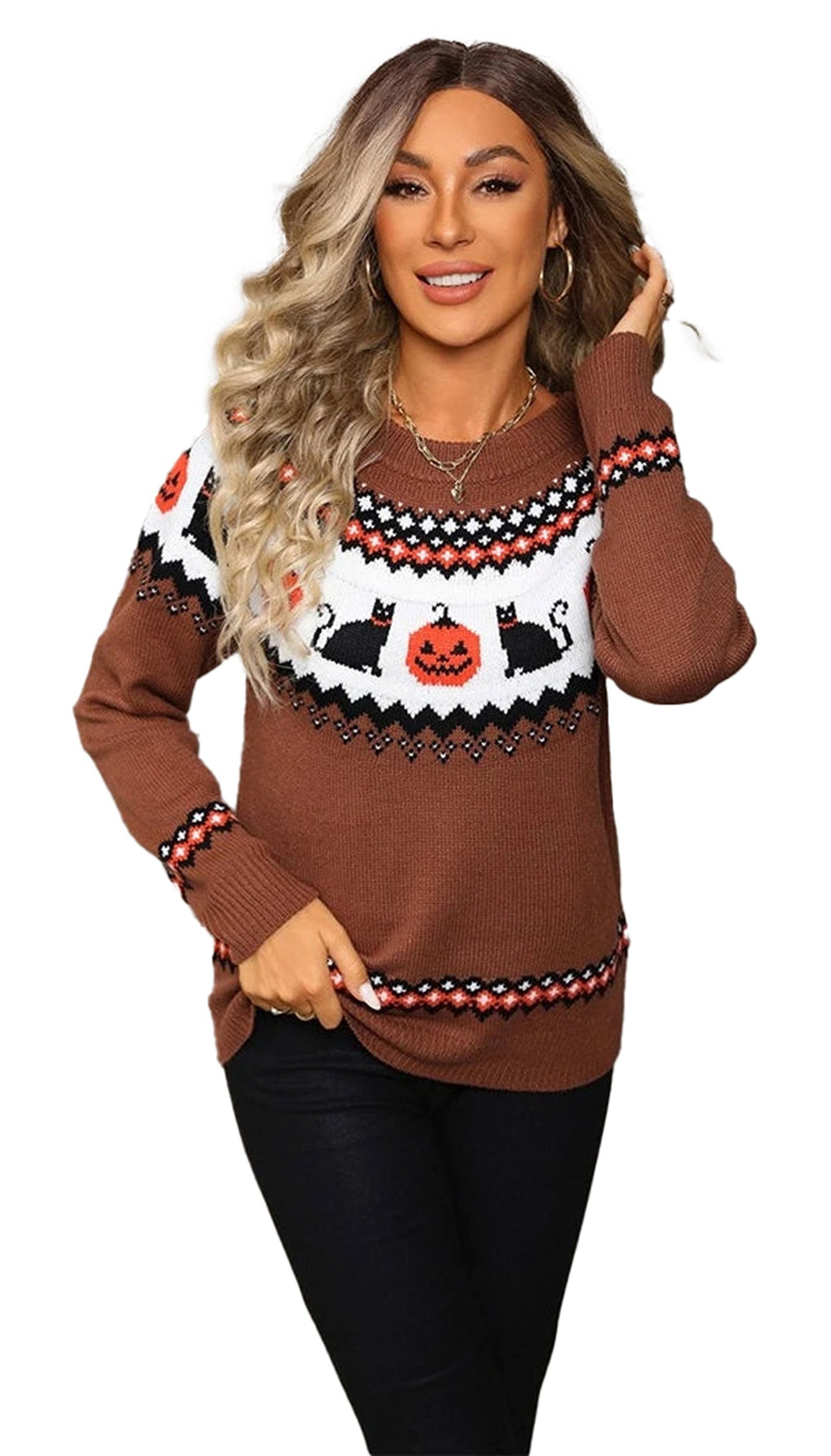 Women's Halloween sweater in brown with cat and pumpkin patterns for festive fall style