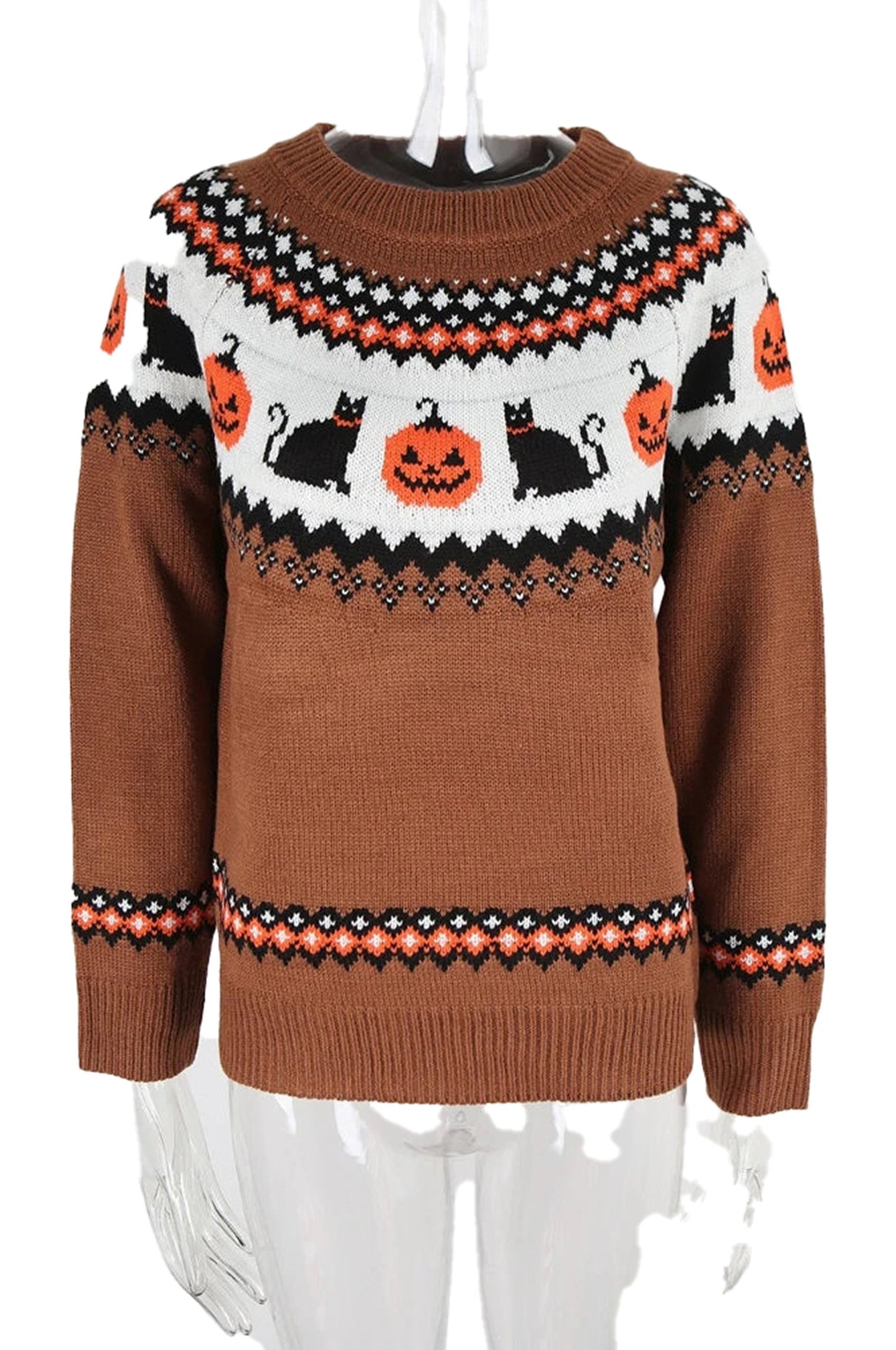 LuckeLadybug women's Halloween sweater with black cats and pumpkins in festive colors