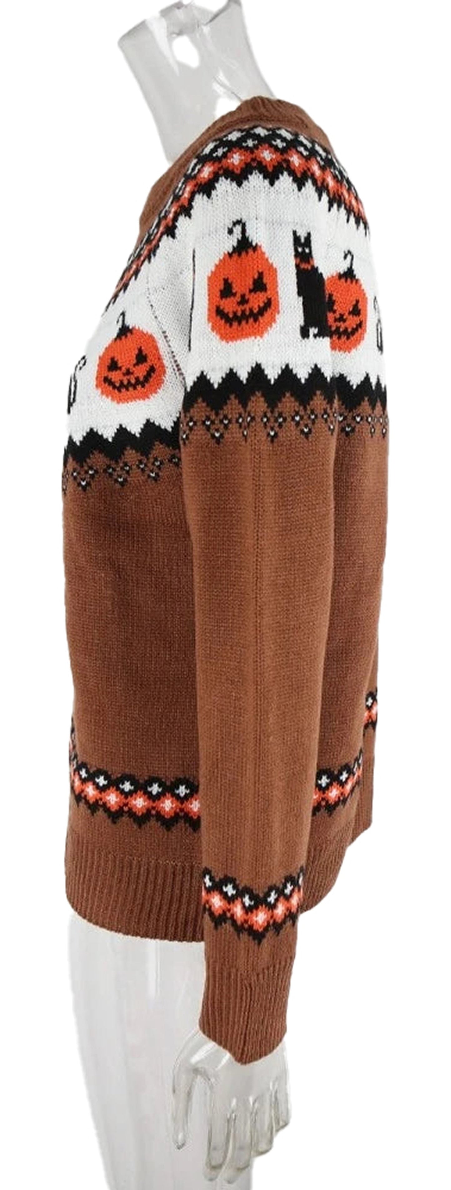 Women's Halloween sweater in brown with pumpkin and cat designs for festive seasonal wear