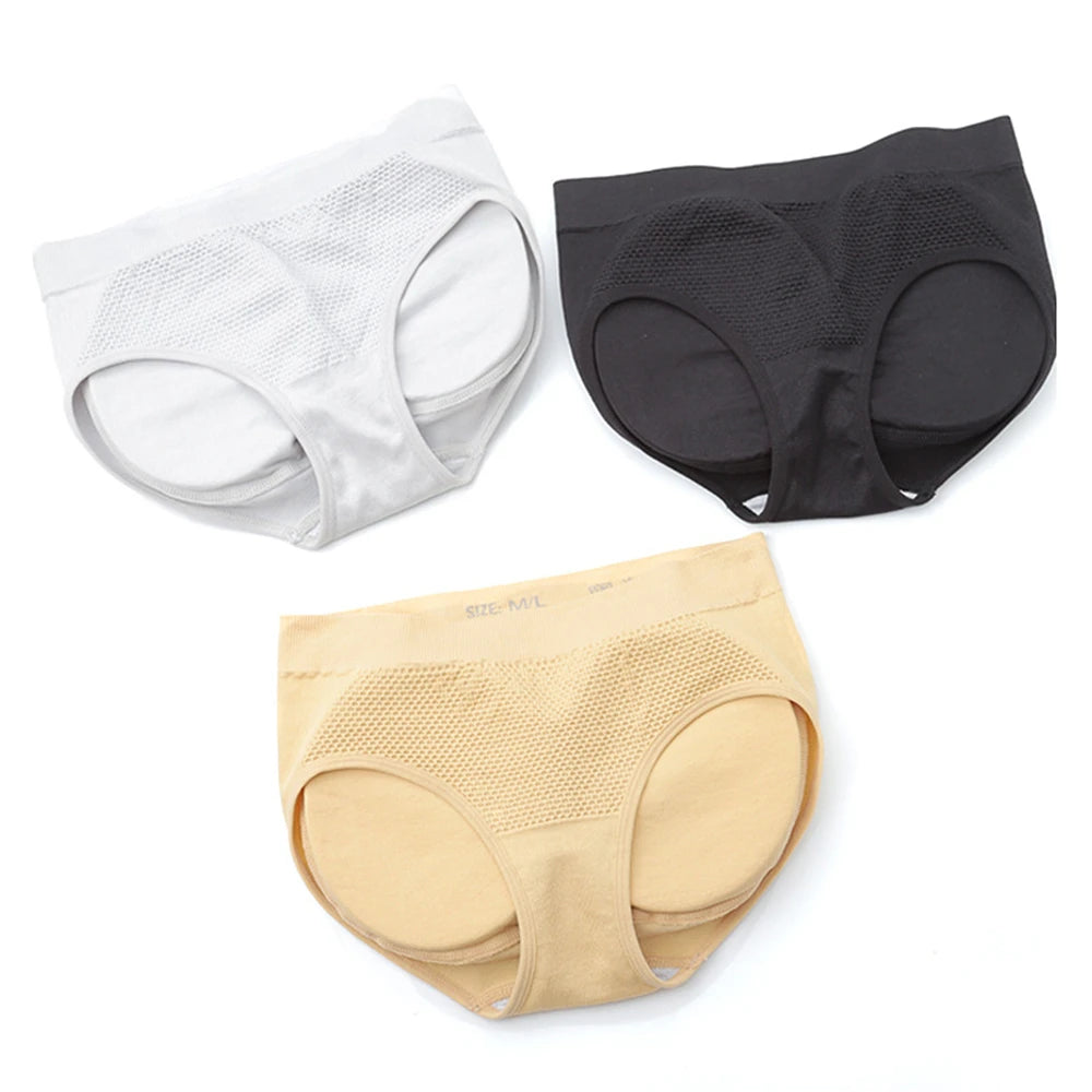 Set of women's hip lifting panties in white, black, and beige for enhanced comfort and style