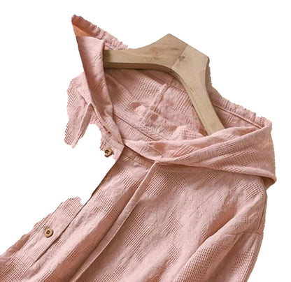 LuckeLadybug women's hooded cotton linen blouse in soft pink with a relaxed fit and button detail