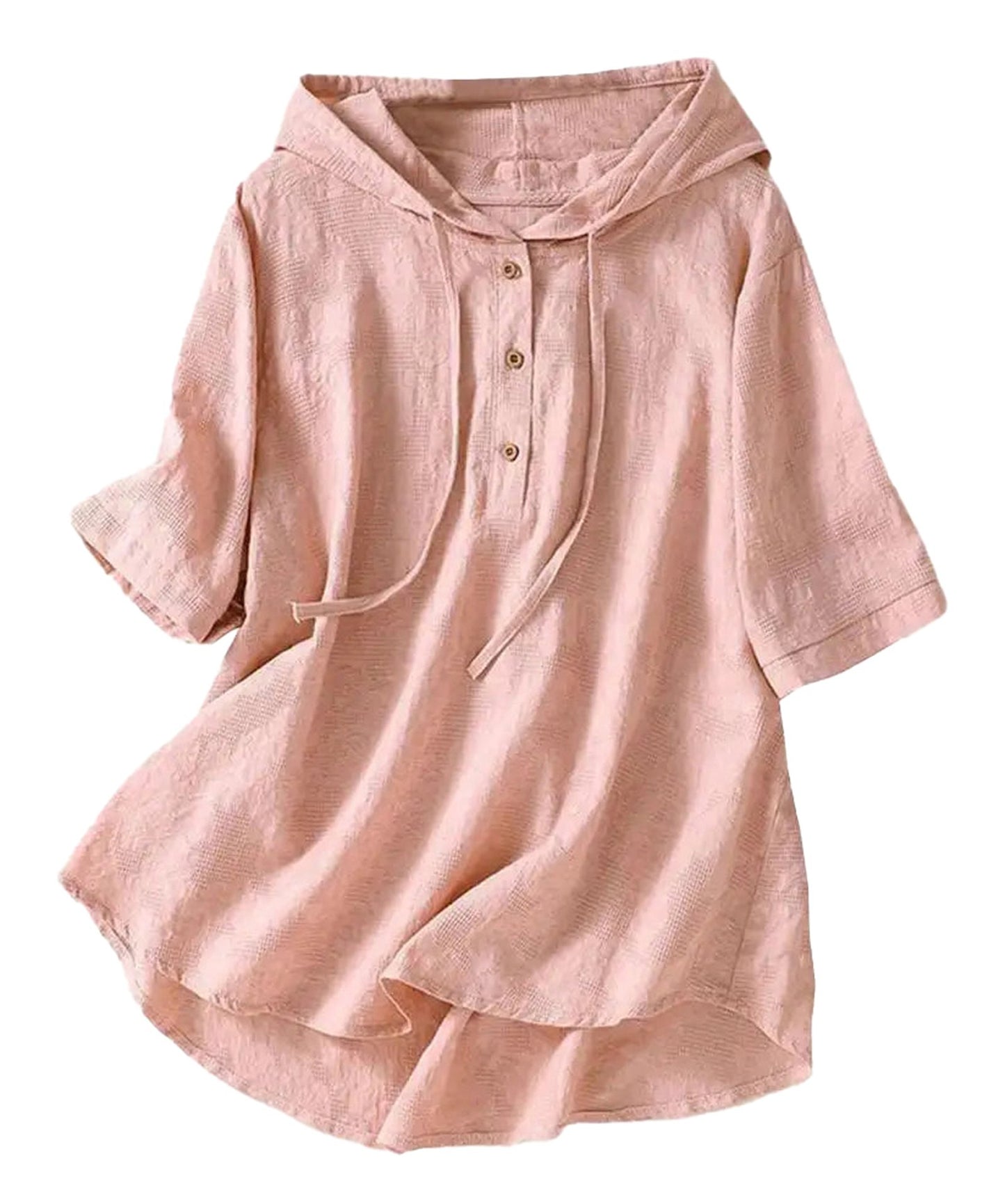 LuckeLadybug LLC women's hooded cotton linen blouse in soft pink with a relaxed fit and button detailing