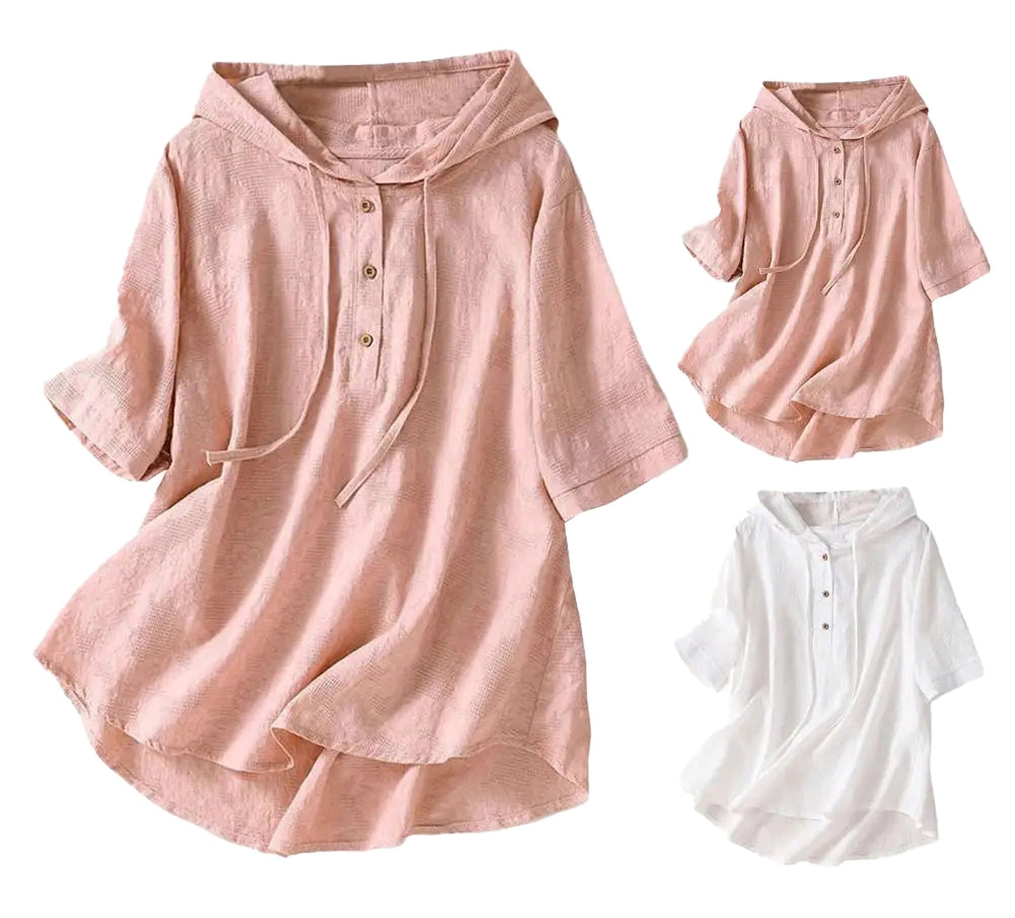 LuckeLadybug women's hooded cotton linen blouse in pink and white with button details and loose fit