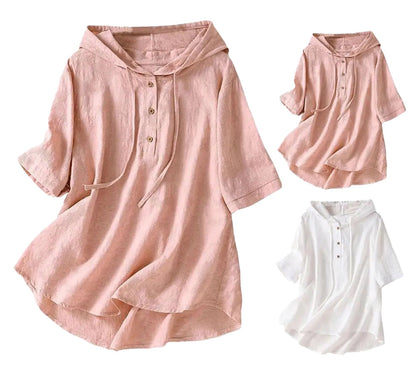 LuckeLadybug women's hooded cotton linen blouse in pink and white with button details and loose fit