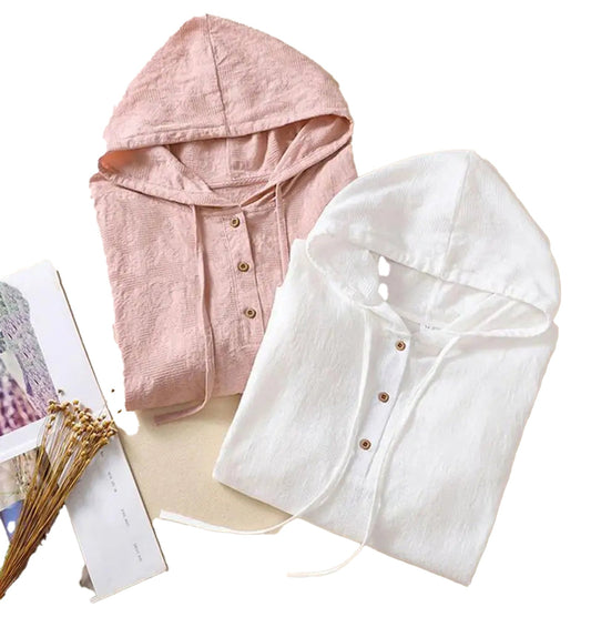 LuckeLadybug women's hooded cotton linen blouse in pink and white with button details and hood