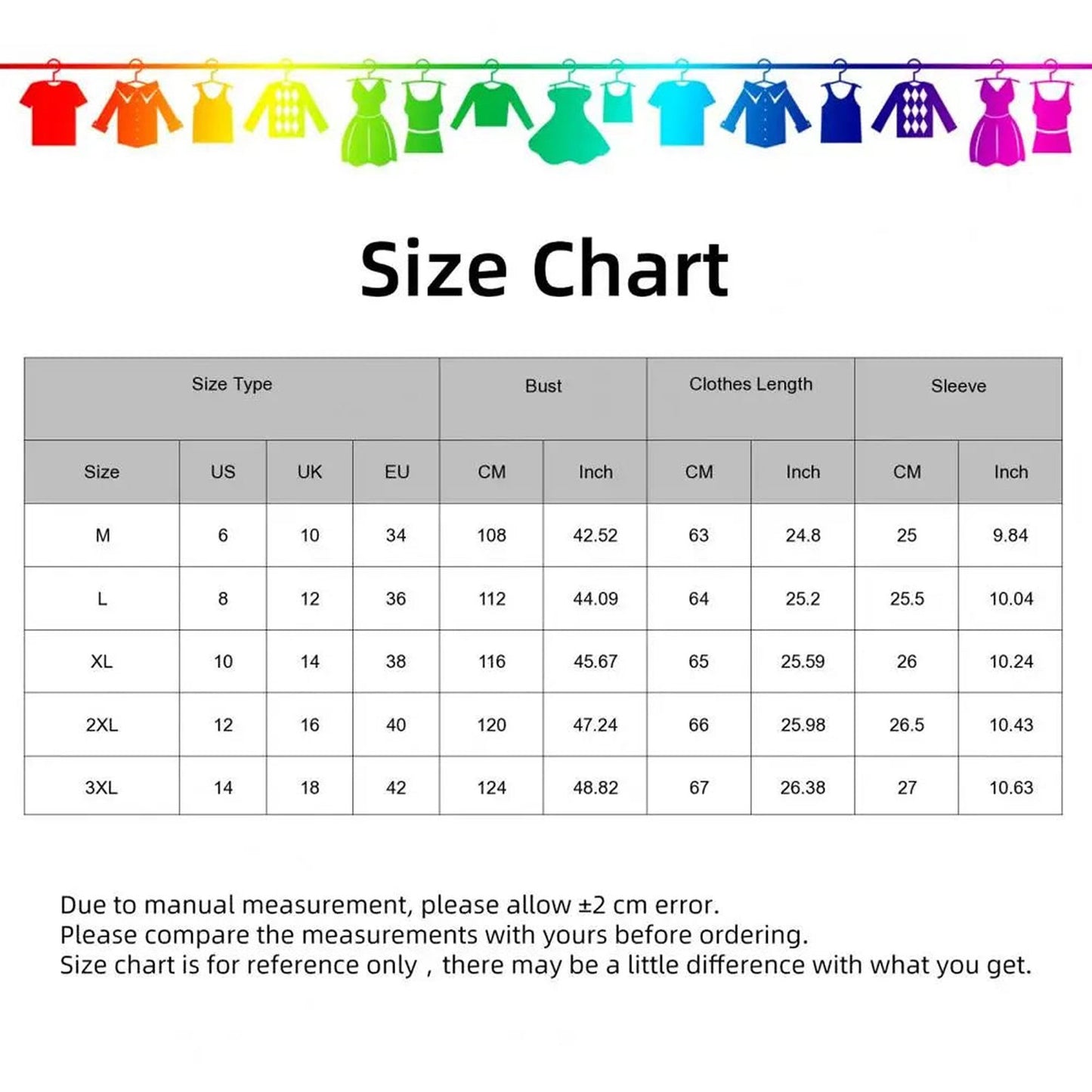 Size chart for women's hooded cotton linen blouse by LuckeLadybug LLC with measurements for M to 3XL