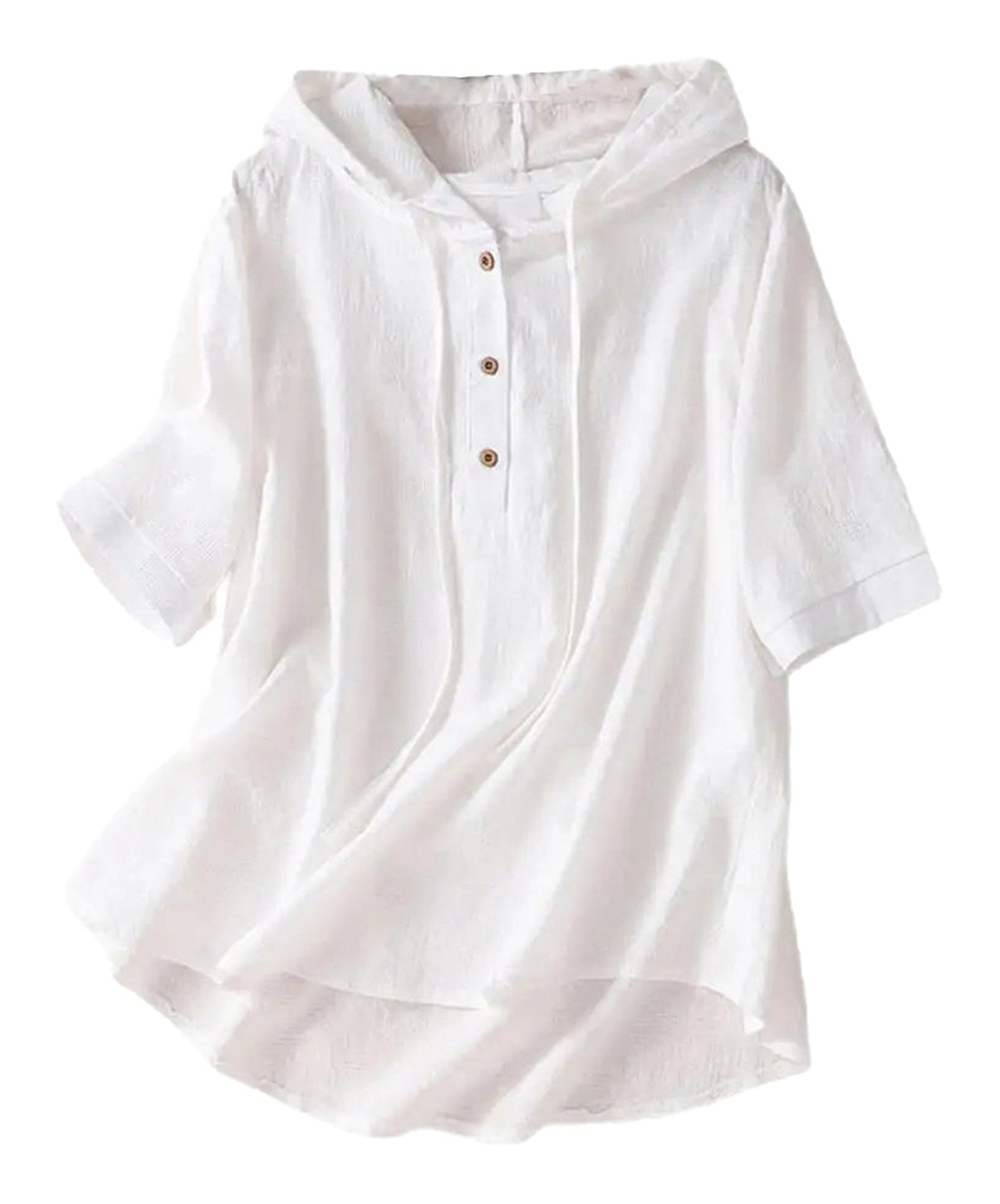 LuckeLadybug LLC women's hooded cotton linen blouse in white with three-quarter sleeves and button details