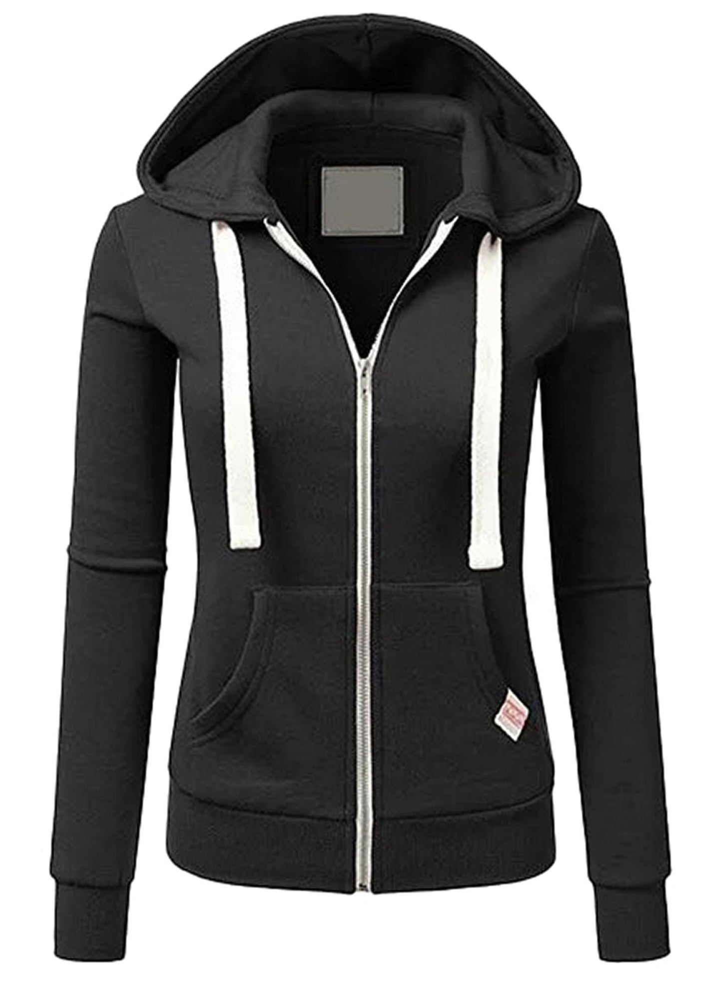 LuckeLadybug LLC women's hooded sweatshirt with zipper in black featuring front pockets and drawstring hood