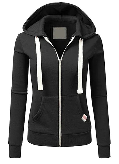 LuckeLadybug LLC women's hooded sweatshirt with zipper in black featuring front pockets and drawstring hood