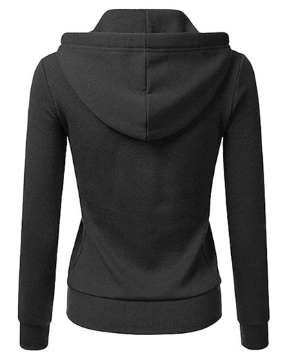Back view of a black women's hooded sweatshirt with zipper from LuckeLadybug LLC