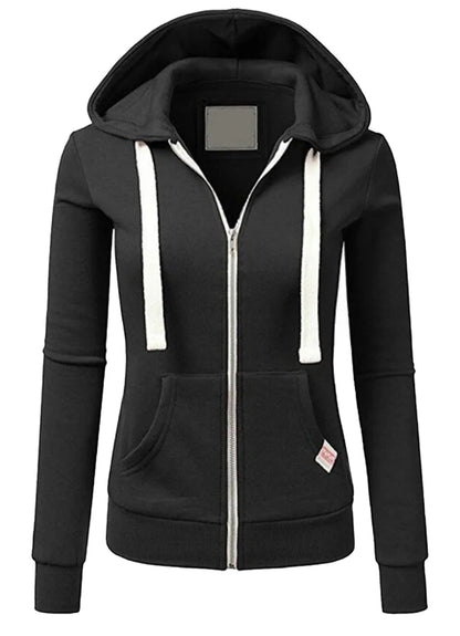 LuckeLadybug women's hooded sweatshirt with zipper in black, featuring front pockets and white drawstrings.