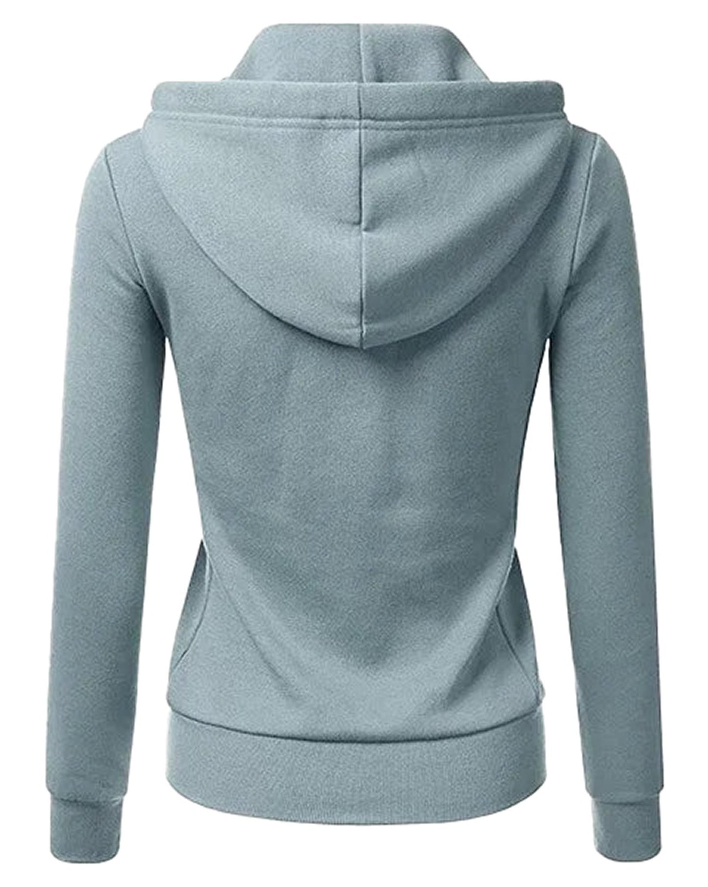 Back view of a light blue women's hooded sweatshirt with zipper featuring a comfortable fit and two pockets