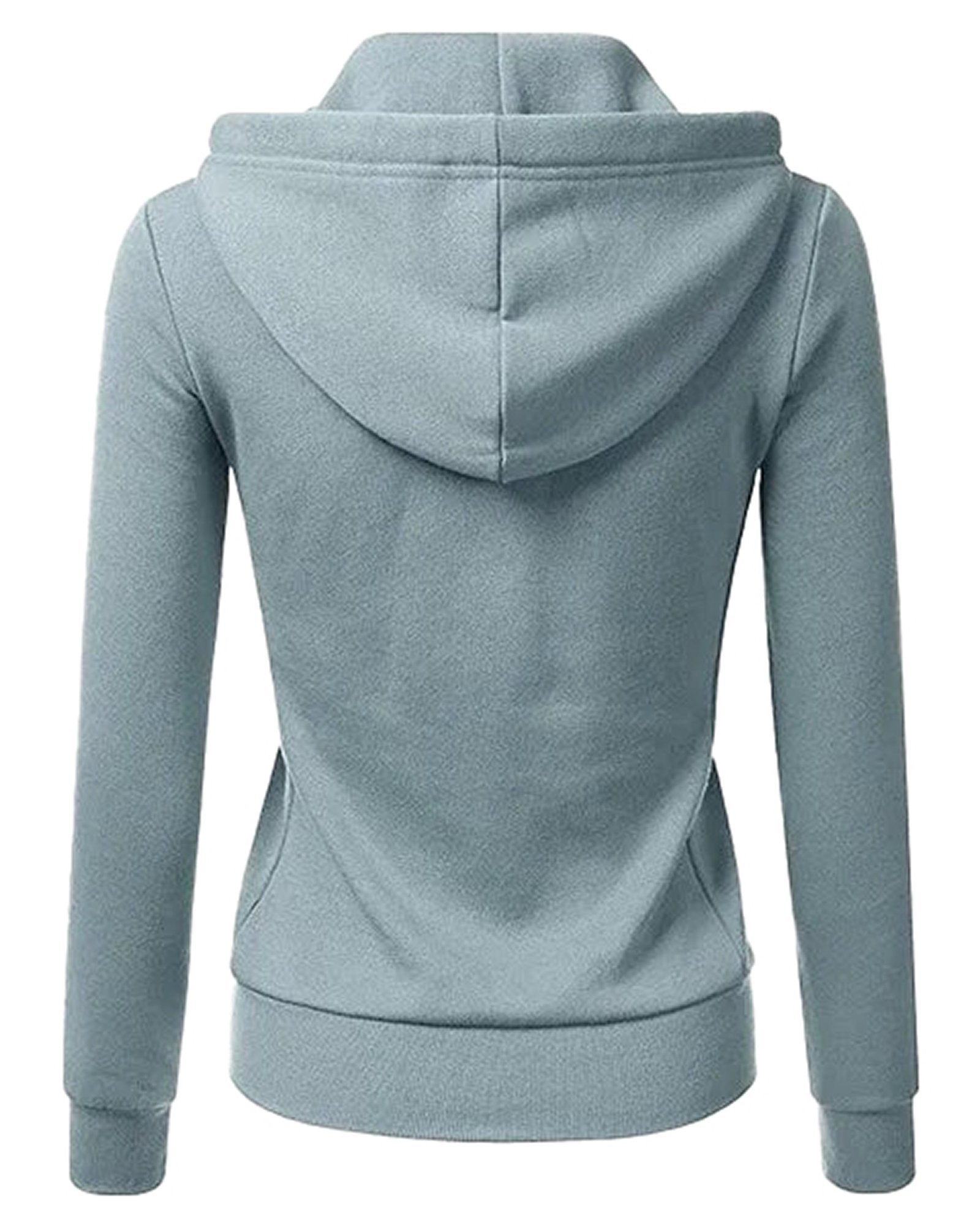 Back view of a light blue women's hooded sweatshirt with zipper featuring a comfortable fit and two pockets