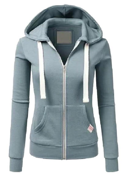LuckeLadybug women's hooded sweatshirt with zipper in blue featuring front pockets and adjustable hood