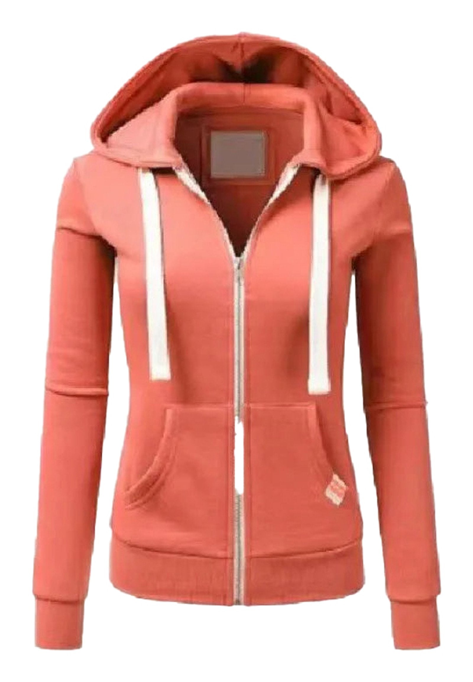 LuckeLadybug LLC women's hooded sweatshirt with zipper in coral color featuring front pockets and a drawstring hood