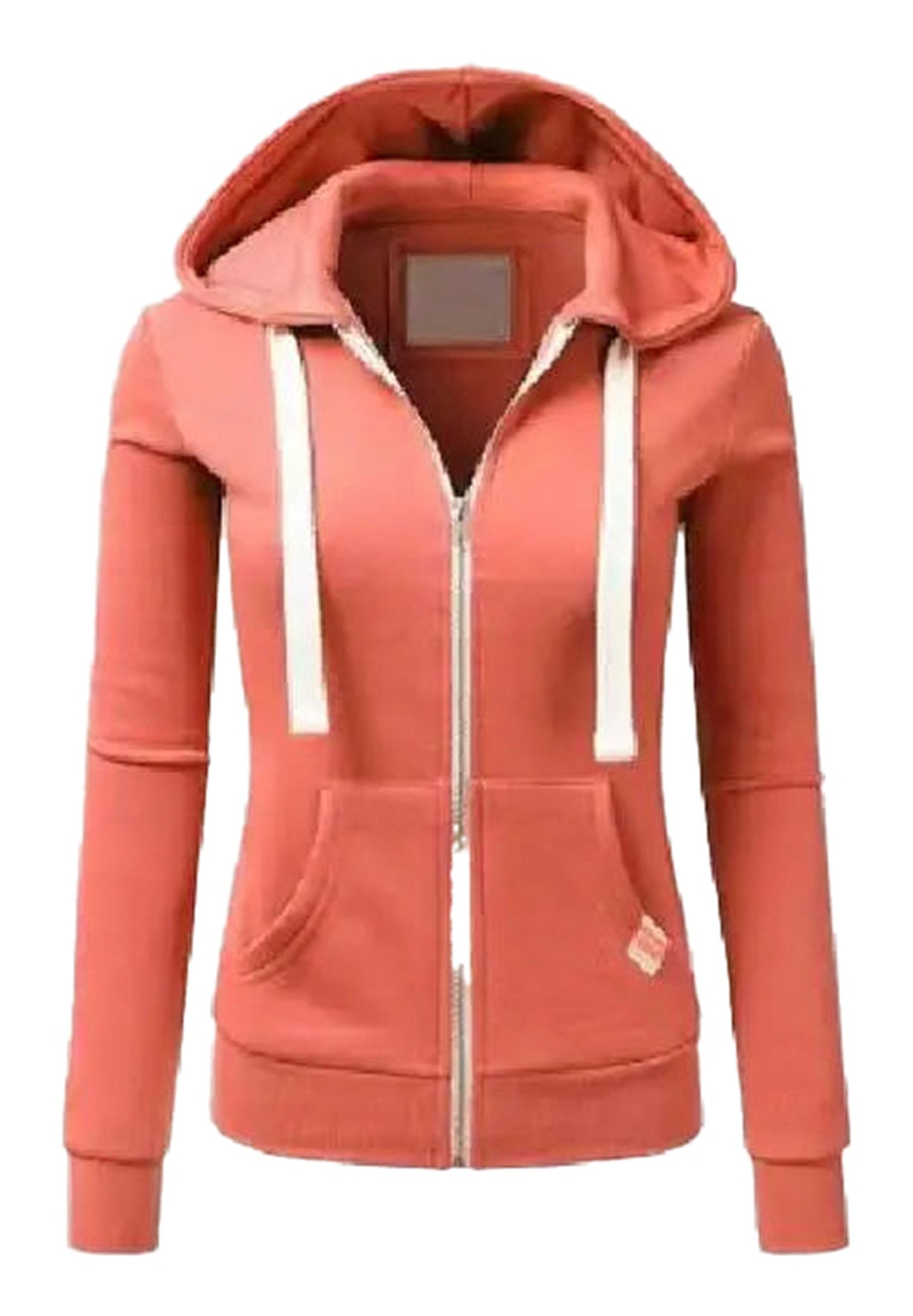LuckeLadybug women's hooded sweatshirt with zipper in coral color featuring front pockets and adjustable drawstrings