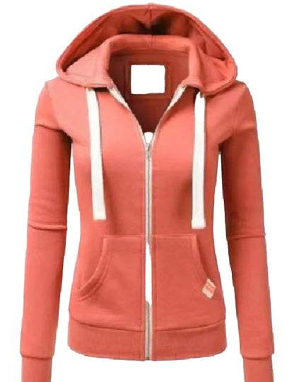 LuckeLadybug women's hooded sweatshirt with zipper in coral with front pockets and drawstrings