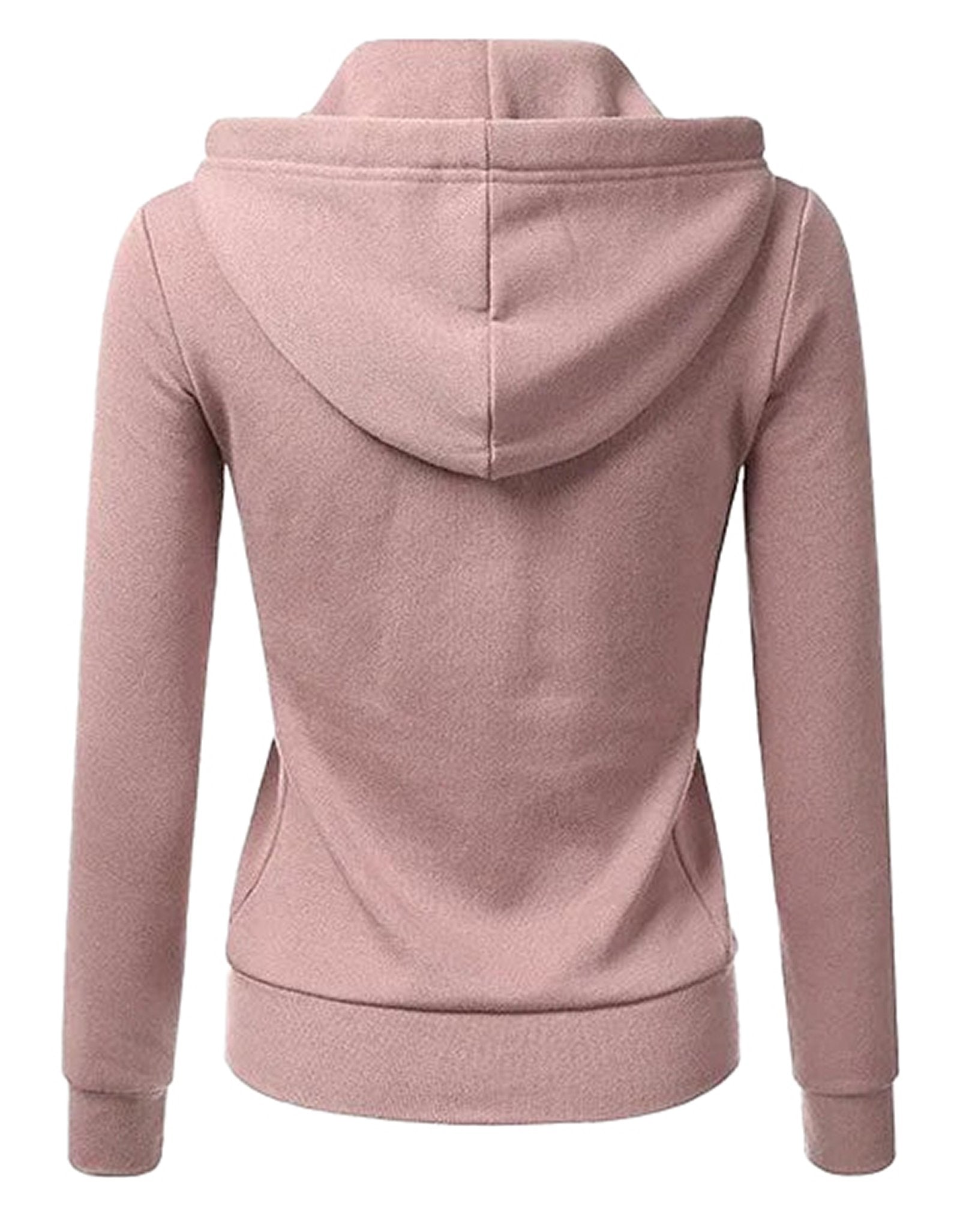 Back view of a women's hooded sweatshirt with zipper in soft pink color, featuring a cozy hood and pockets
