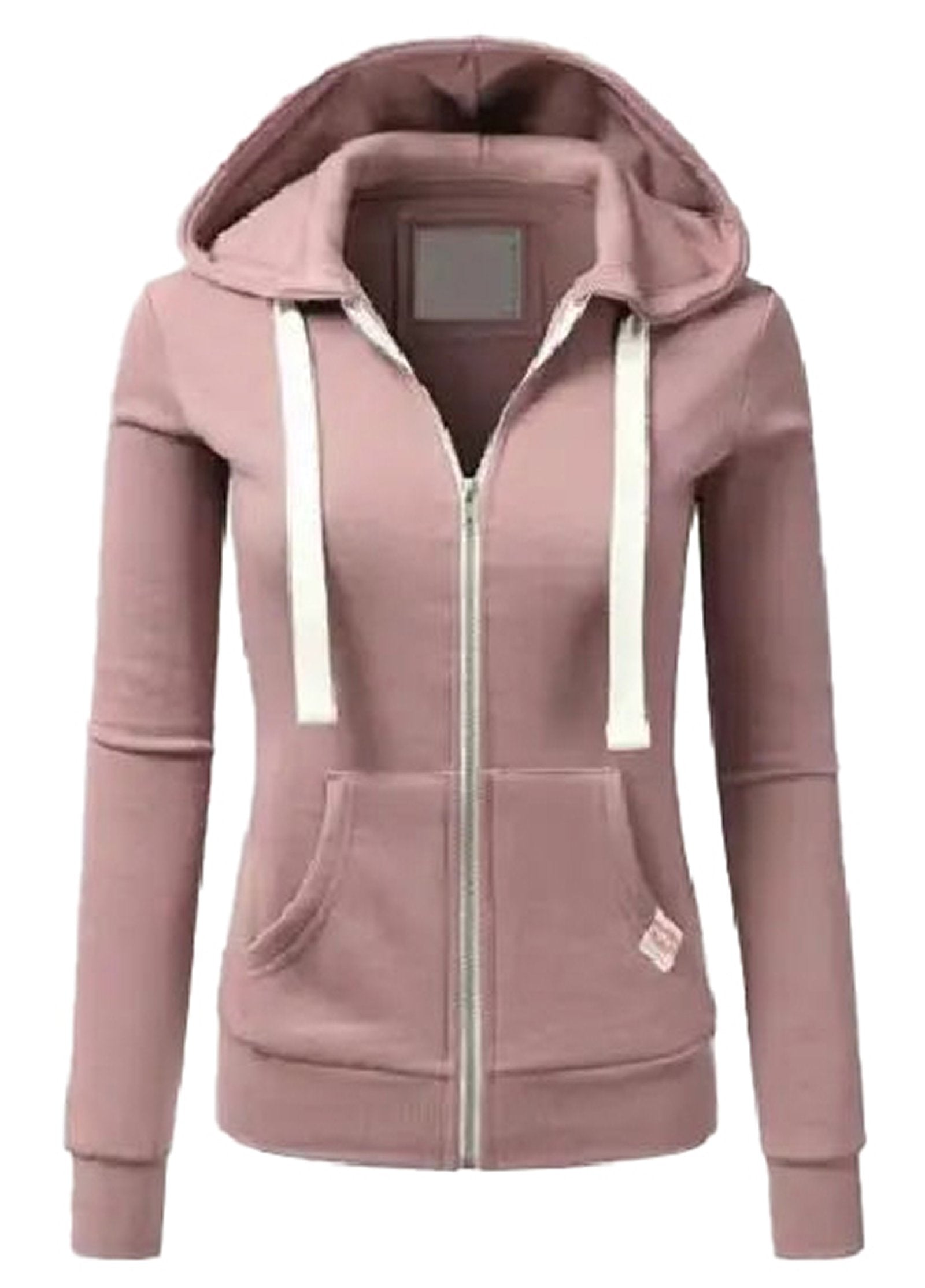 Women's hooded sweatshirt with zipper in soft pink color featuring front pockets and drawstring hood