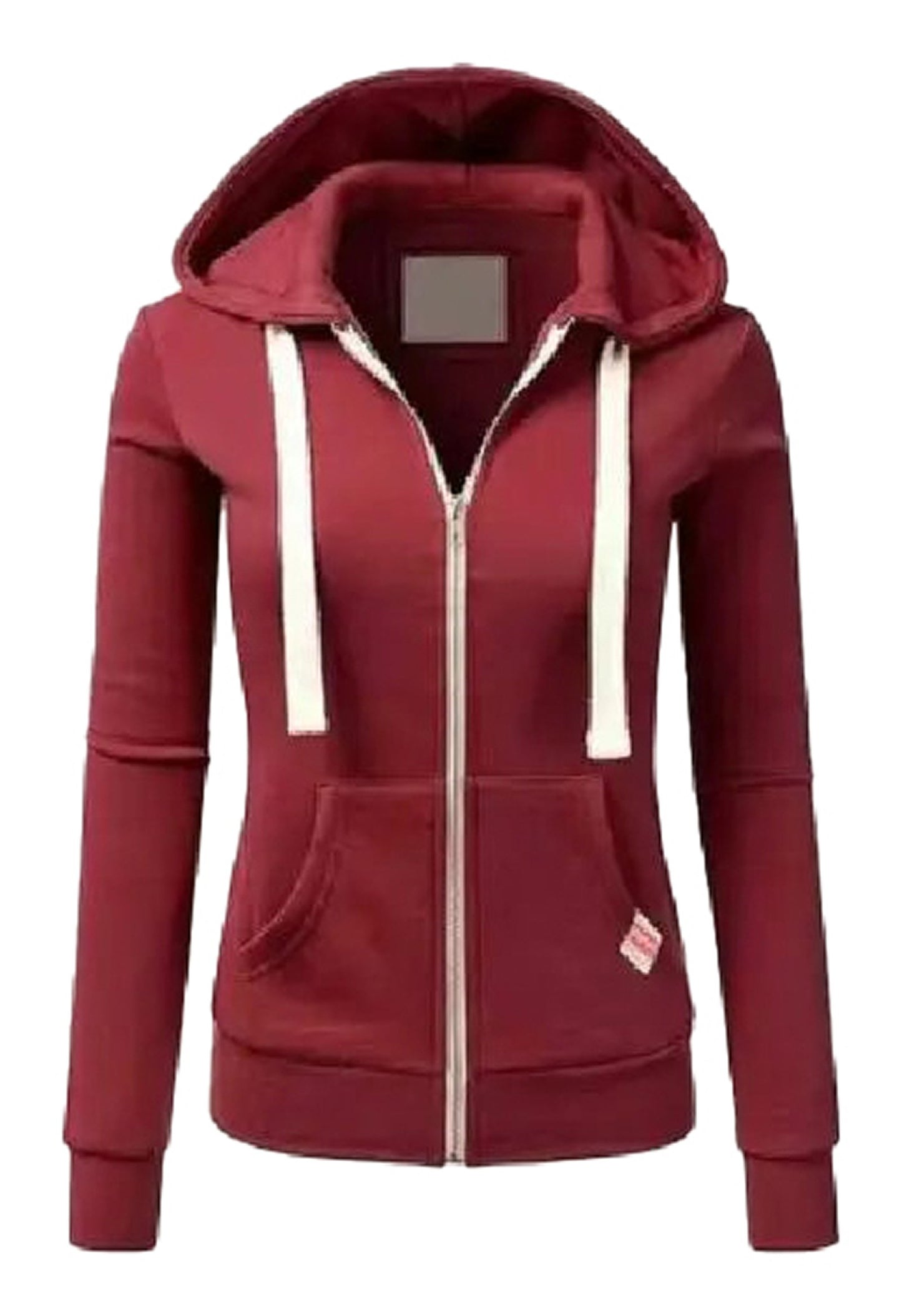 Burgundy women's hooded sweatshirt with zipper featuring a cozy design and front pockets