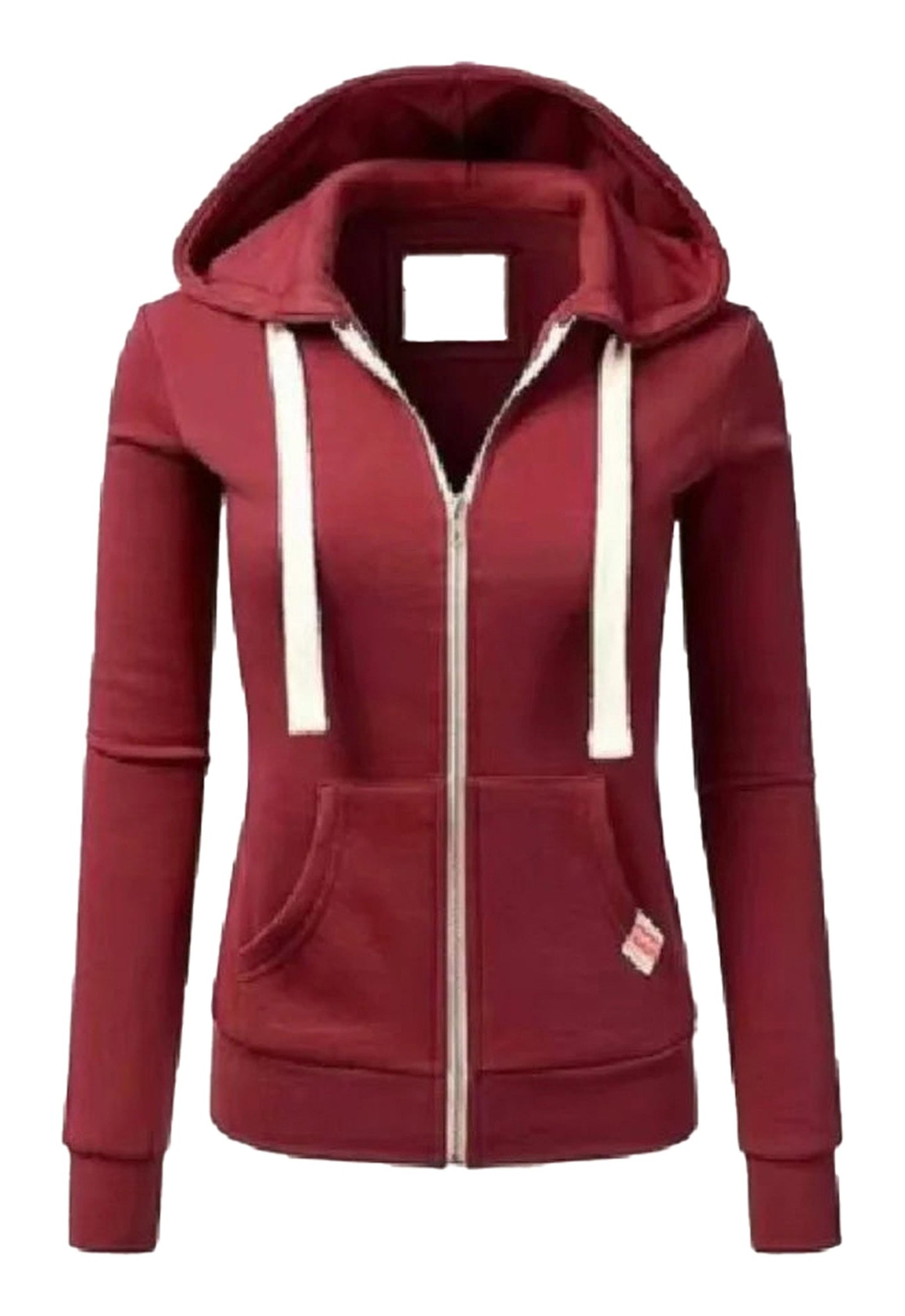 Burgundy women's hooded sweatshirt with zipper featuring front pockets and drawstring hood