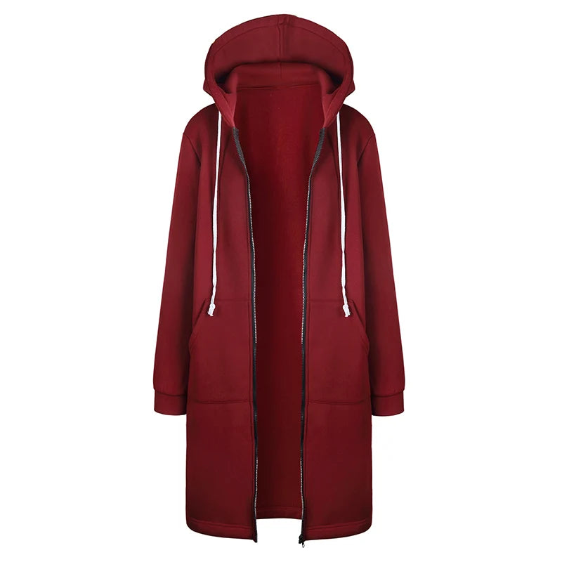 Burgundy women's hooded winter jacket with zipper featuring a casual design and spacious pockets
