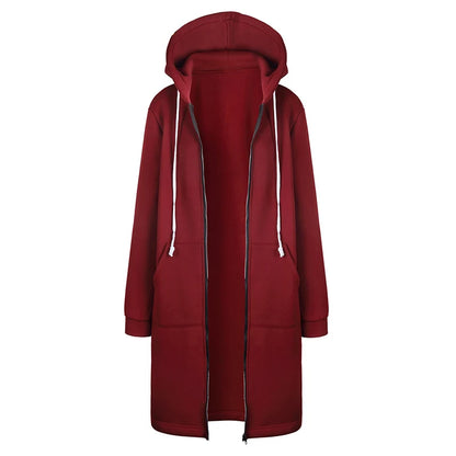 Burgundy women's hooded winter jacket with zipper featuring a casual design and spacious pockets