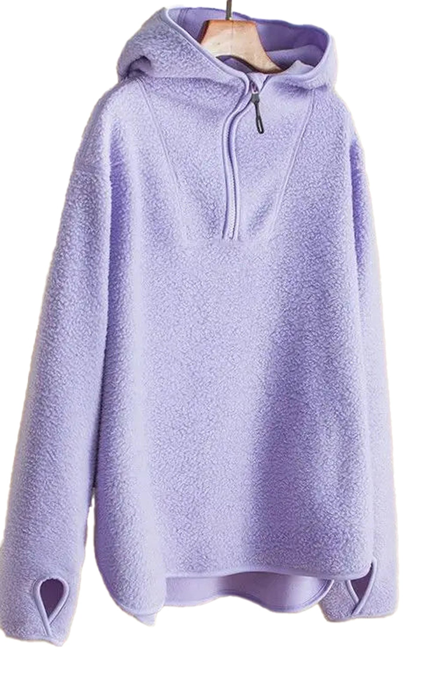 Soft lavender women's hooded zip up coat with cozy texture and relaxed fit
