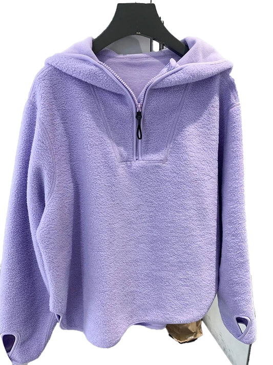 Soft lavender women's hooded zip up coat with a cozy fleece fabric for comfort and warmth