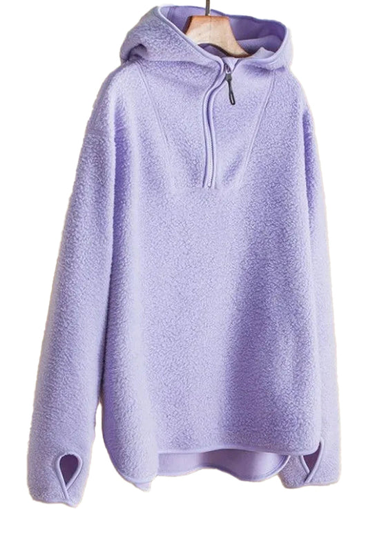 Soft lavender women's hooded zip up coat with a cozy fleece texture and stylish design