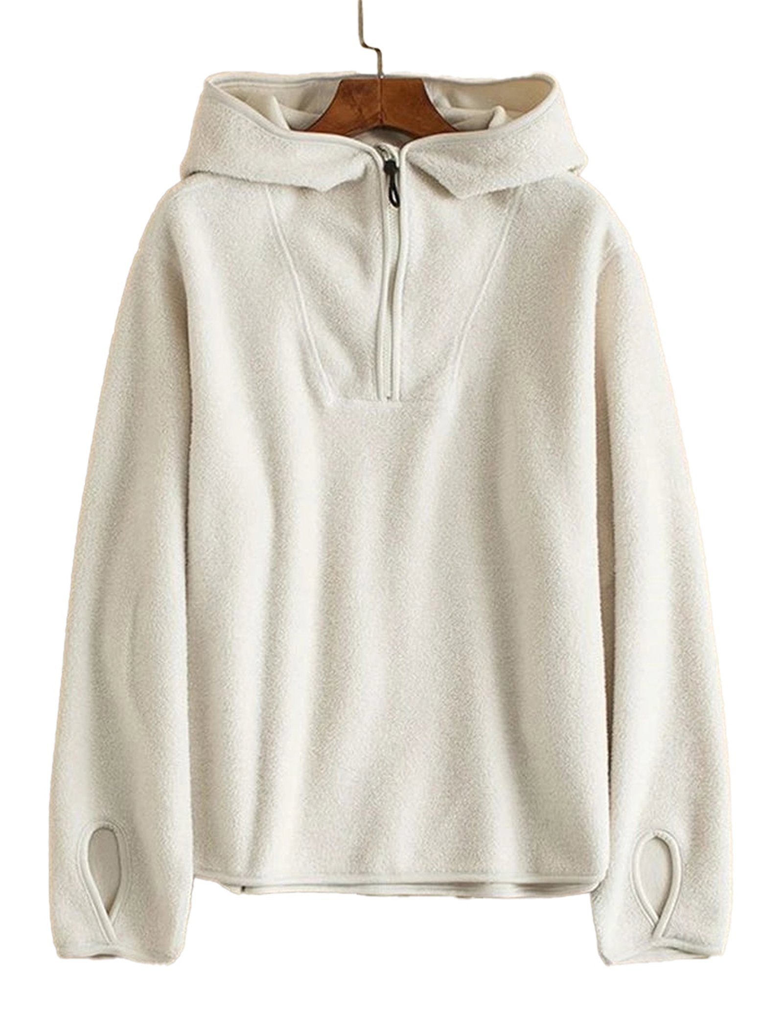 LuckeLadybug women's hooded zip up coat in soft white fleece for comfortable layering