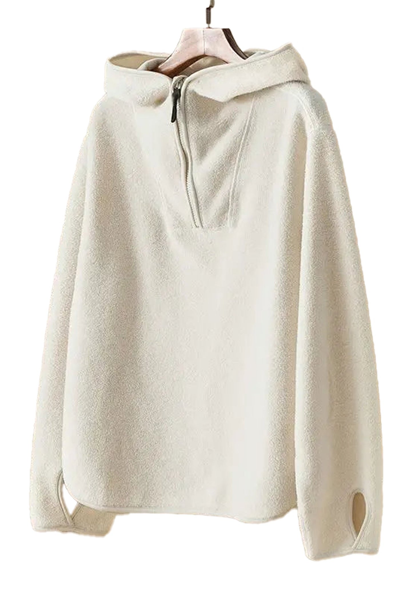 LuckeLadybug women's hooded zip up coat in cream with a soft fleece texture and relaxed fit