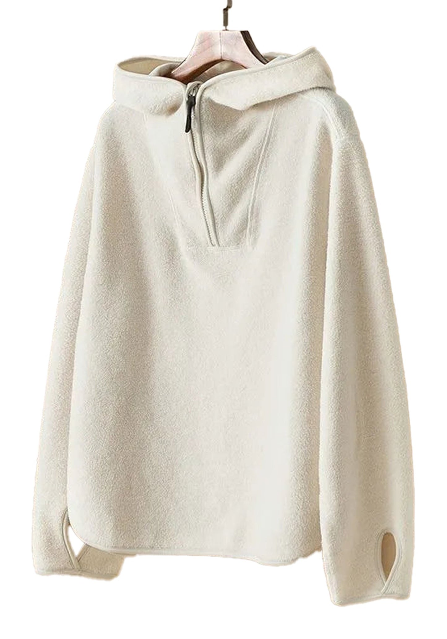 LuckeLadybug women's hooded zip up coat in cream color with a cozy fleece design