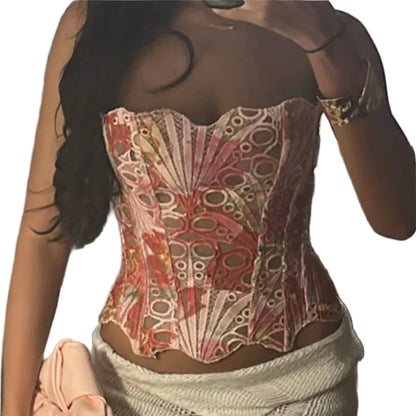 Stylish women's lace corset top in pastel colors with intricate design for a trendy look