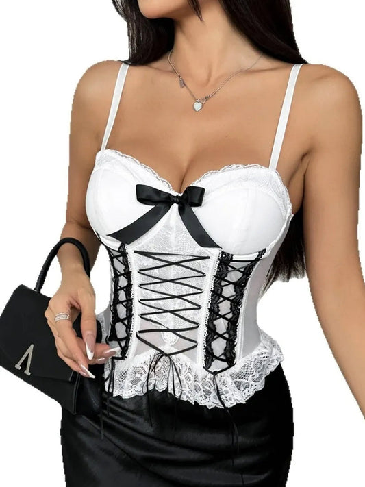 LuckeLadybug womens lace corset top in white with black lace-up detail and elegant bow for a stylish look