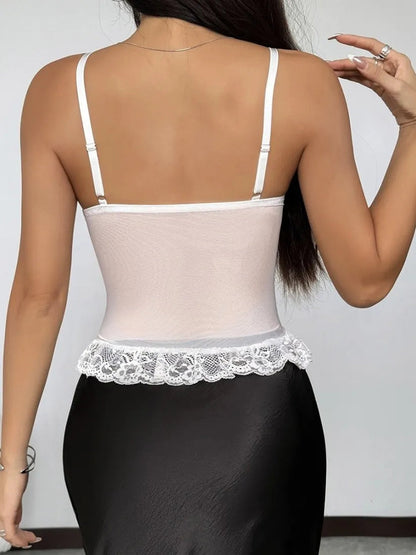 Back view of a women's lace corset top with adjustable straps and lace trim